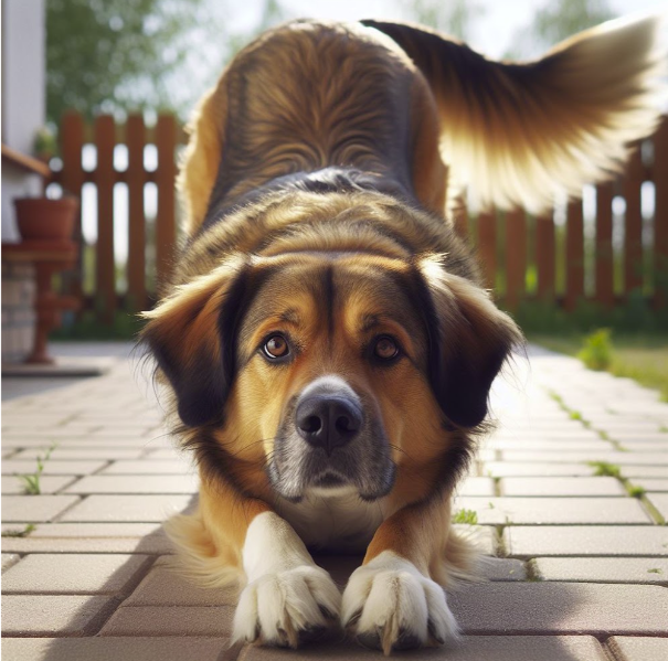 A dog in a play bow, front legs stretched forward and tail up