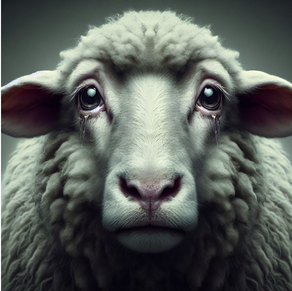 A close portrait of a sheep looking directly at the camera
